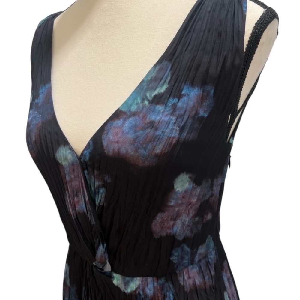 Vince Black Floral Pleated Silk Midi Dress Size 4 Twist Waist - Picture 10 of 14